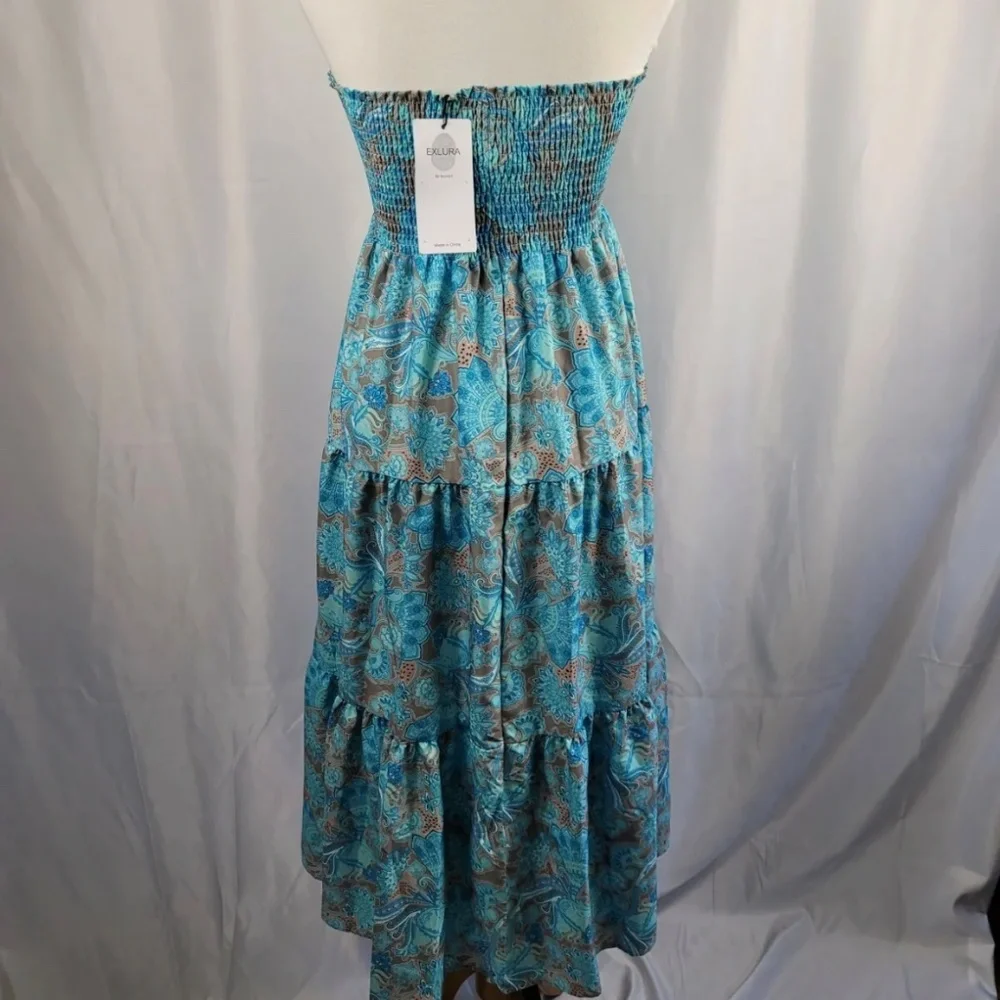 Exlura Strapless Maxi Dress Size Small Blue Tan Paisley Smocked Bodice NEW - Picture 6 of 6